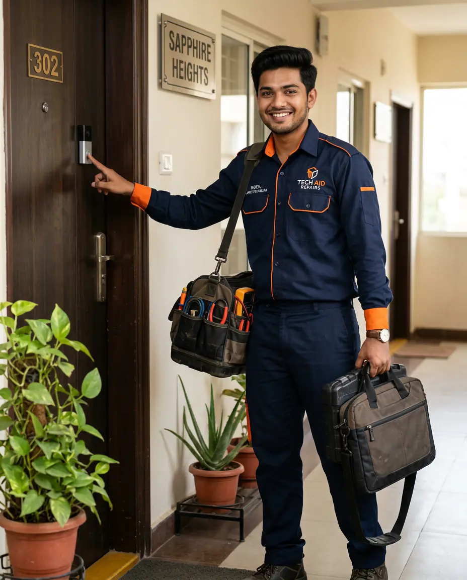 Fix Point technician arriving at a customer's door with a tool bag