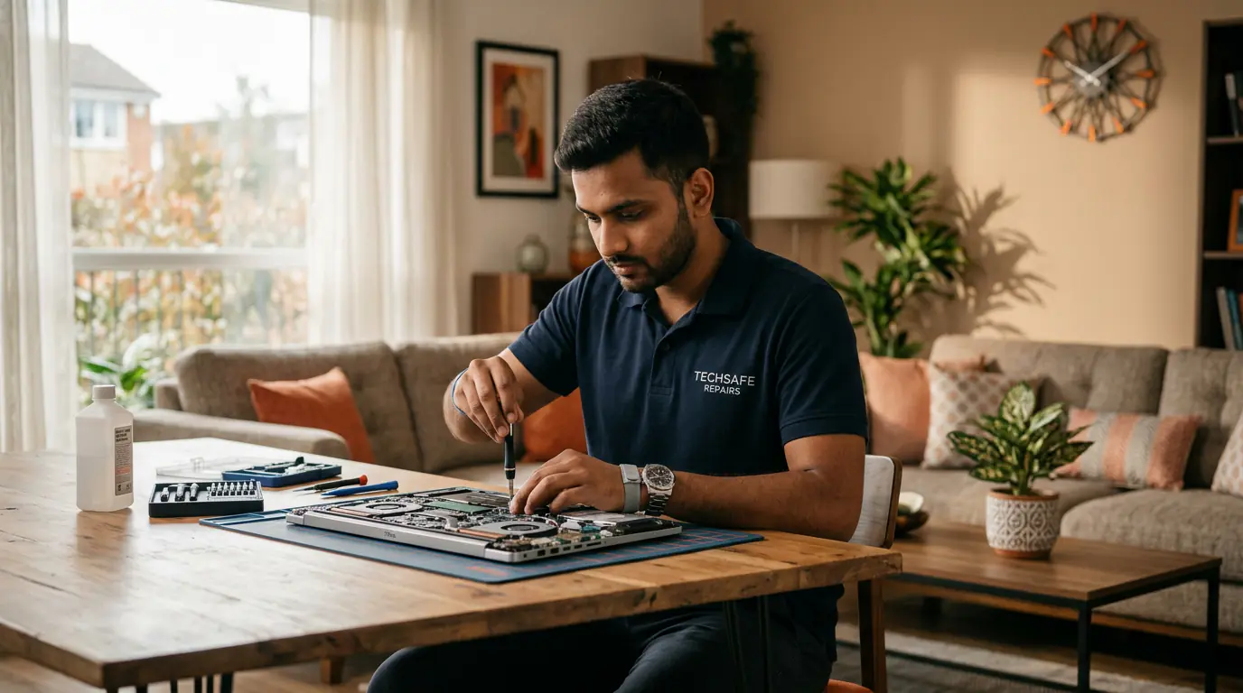 Fix Point technician repairing a laptop inside a customer home